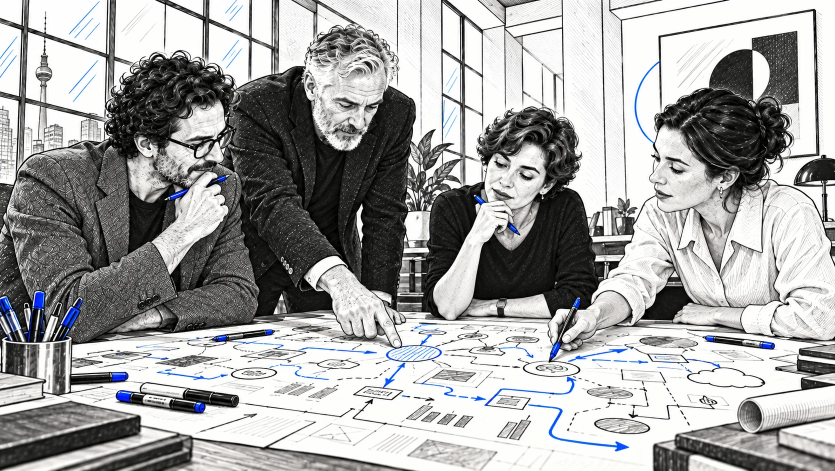 Four colleagues studying a shared process map and working through a problem together