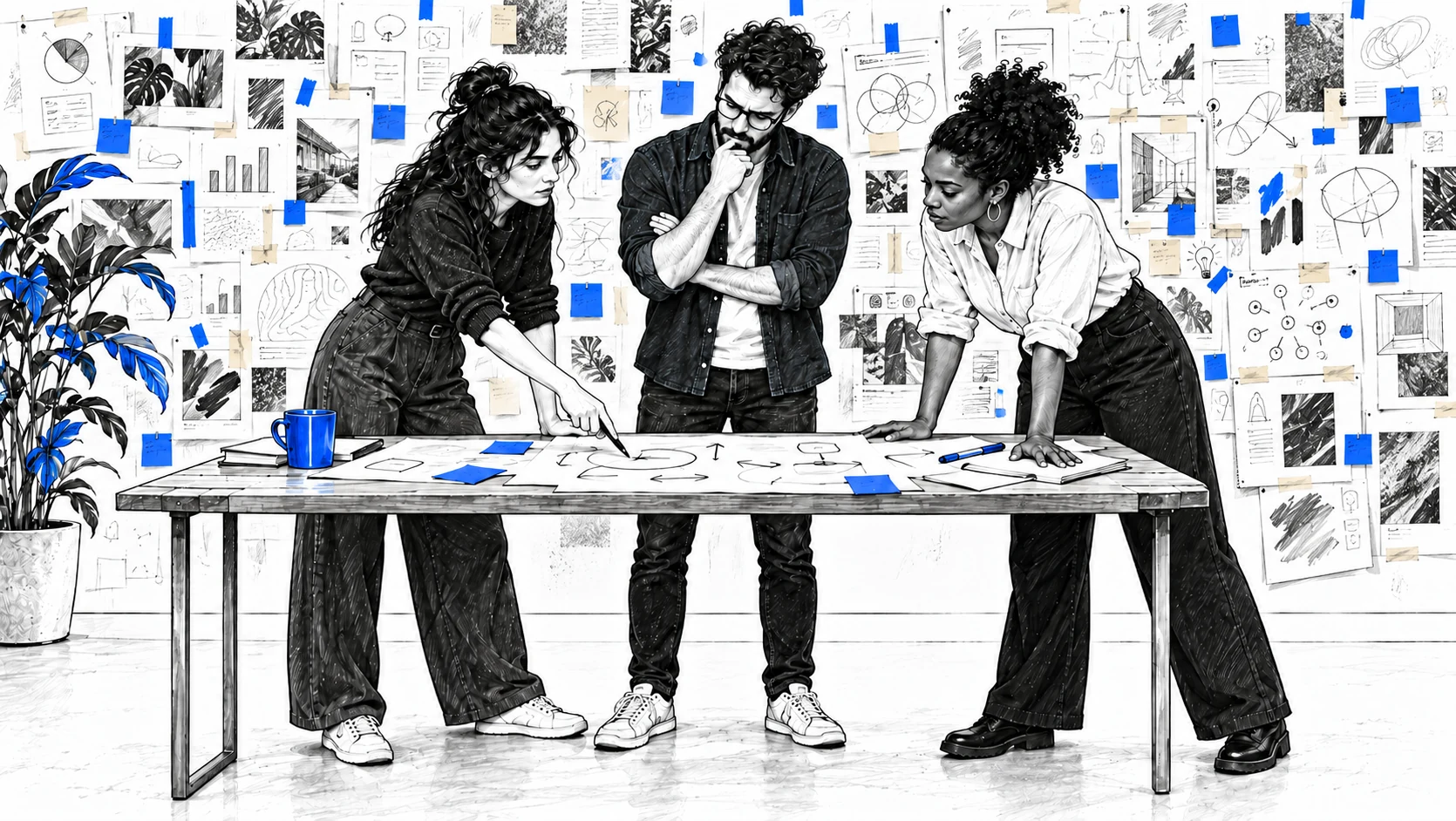 Three colleagues studying a problem together around a table